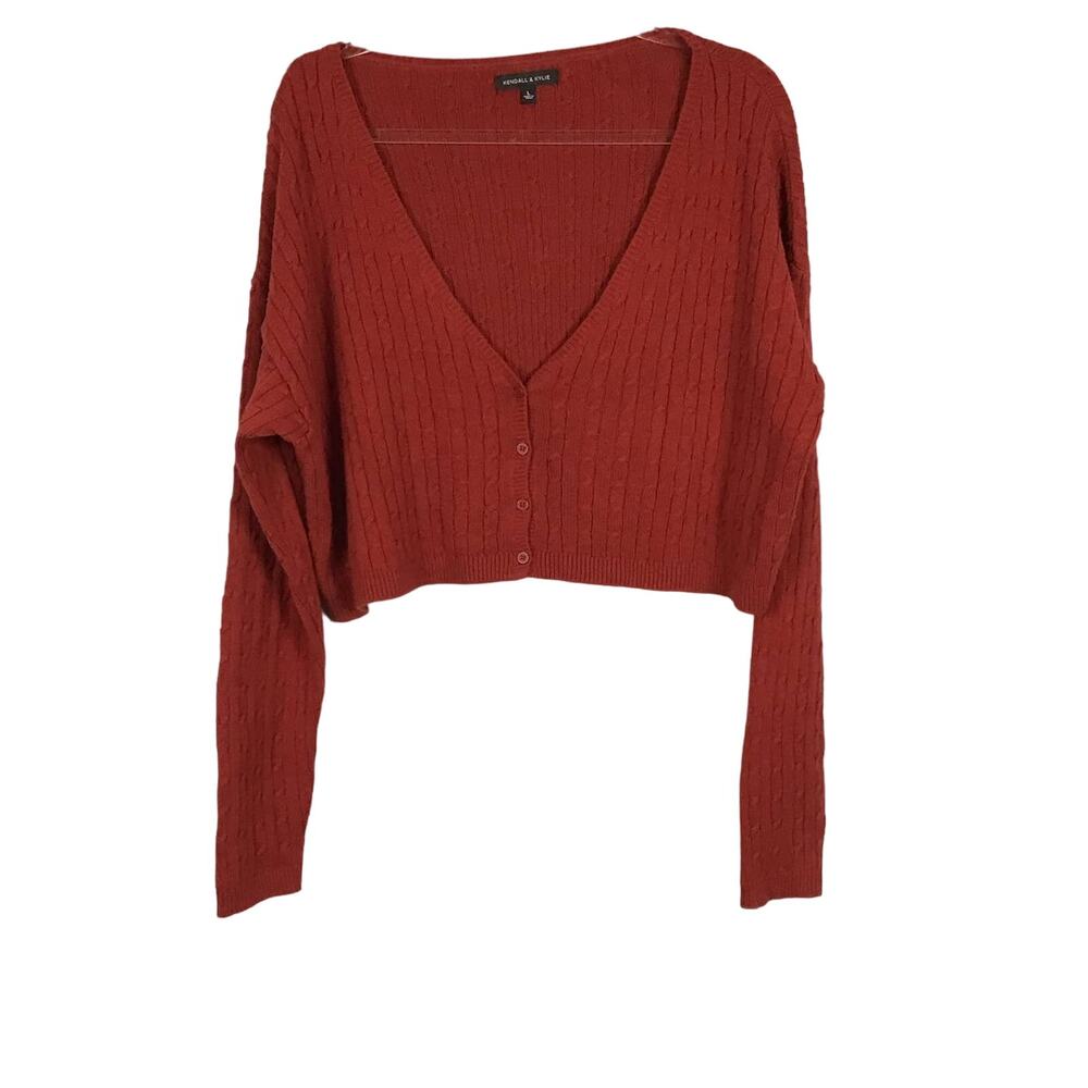 Kendall & Kylie Cable Knit V Neck Cropped Cardigan Sweater Brick Red Rust Large